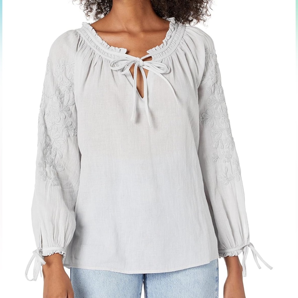 Lucky Brand Metallic Embroidery Tie Sleeve V Neck Icy Blue Peasant Top Shirt